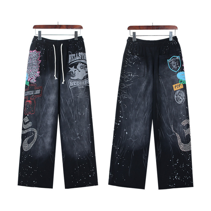 Letter Print Rhinestone Washed Version hoodie & pants set 28636630