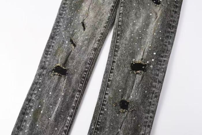 1:1 quality version Starry sky hot-fix gray and black washed ripped jeans 29032794