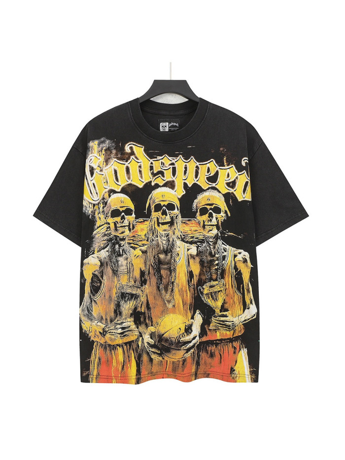 Golden Flame Basketball Team Skull Print Washed Version Tee 2 colors 28474612