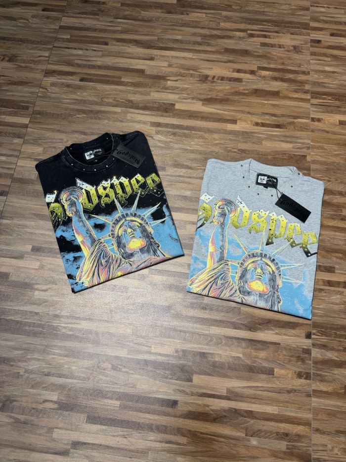 Statue of Liberty hot-fix rhinestone rivet black and gray dual-color vintage T-shirt 2 colors 29053374