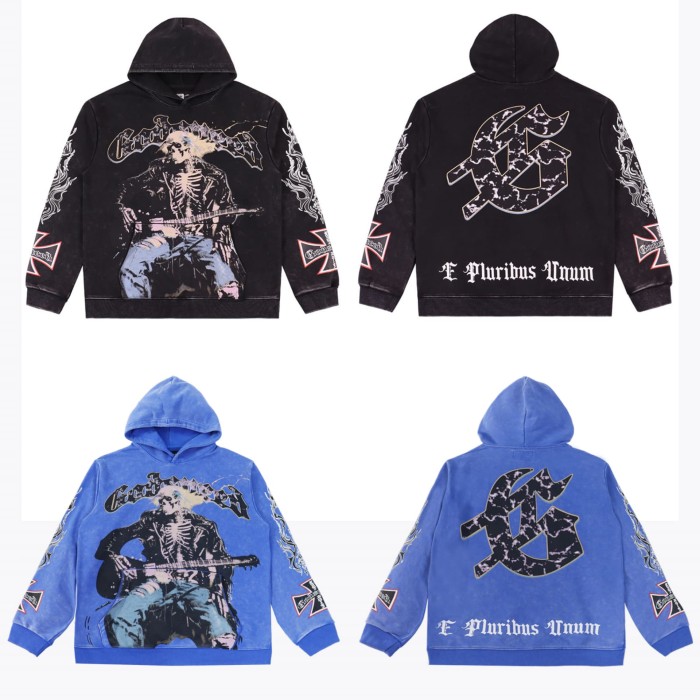 Skeleton Playing Guitar Print Washed Hoodie 2 colors 28620253
