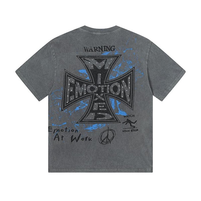Gray Tone Cross Three Angels Rhinestone Print Washed Tee 29105645