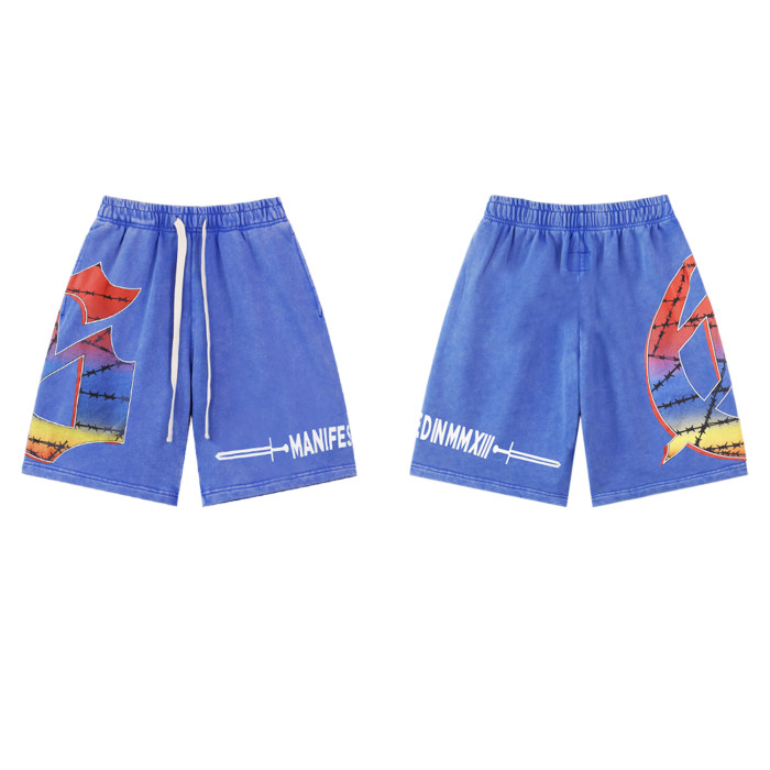 28200998 Dazzling Colorful Big G Letter Print Washed Version Shorts 3 colors