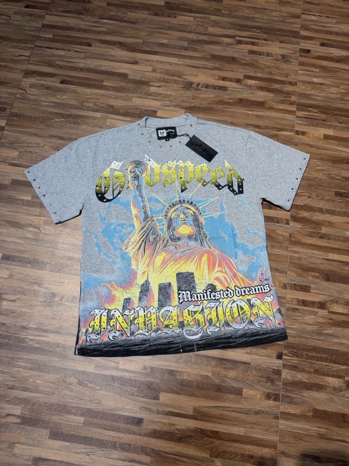 Statue of Liberty hot-fix rhinestone rivet black and gray dual-color vintage T-shirt 2 colors 29053374