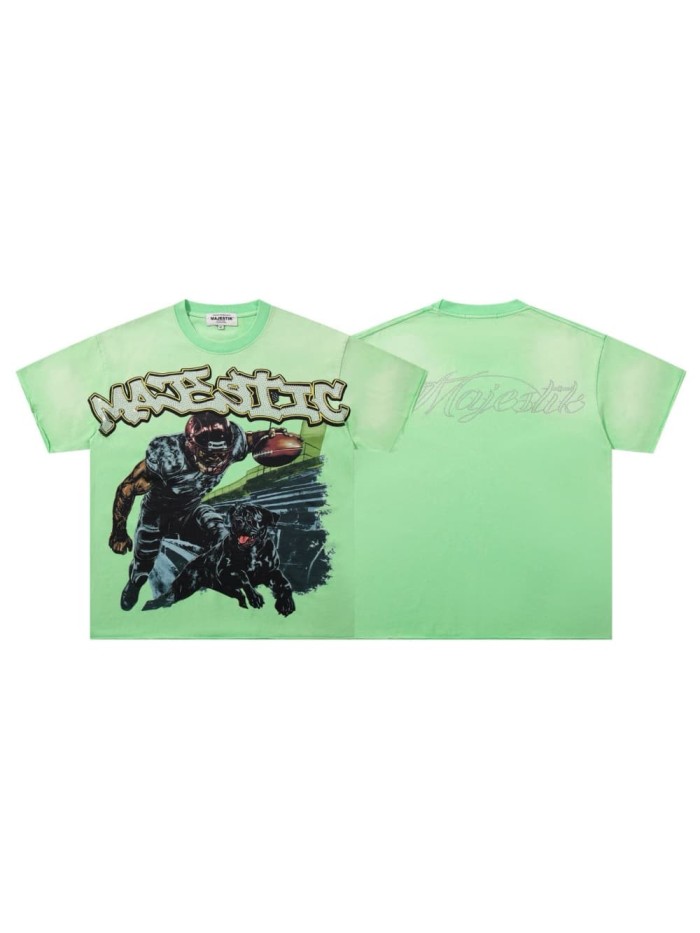 Football Player And Black Dog Rhinestone Print Washed Tee 29060786