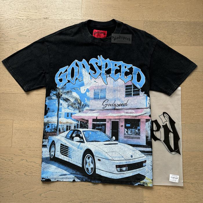 Vintage Black Miami Street Scene Double-sided Printed Short-sleeved T-shirt  29043084