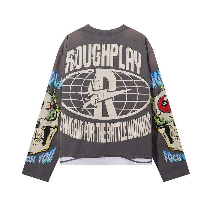 Rock Gesture Guitar Neck Silver Hot Stamping Print Washed Version Long Sleeve T-Shirt 28758377