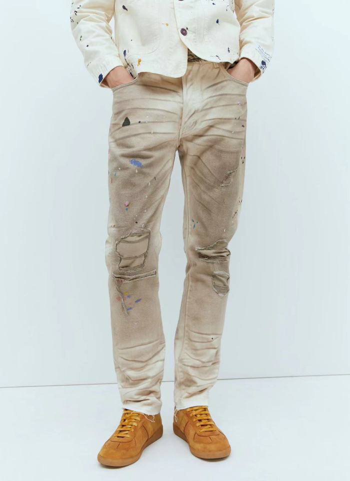 [Big & Tall for weights up to 260 lbs]1:1 quality version Slashed and frayed dirty hand-painted ink dot jeans