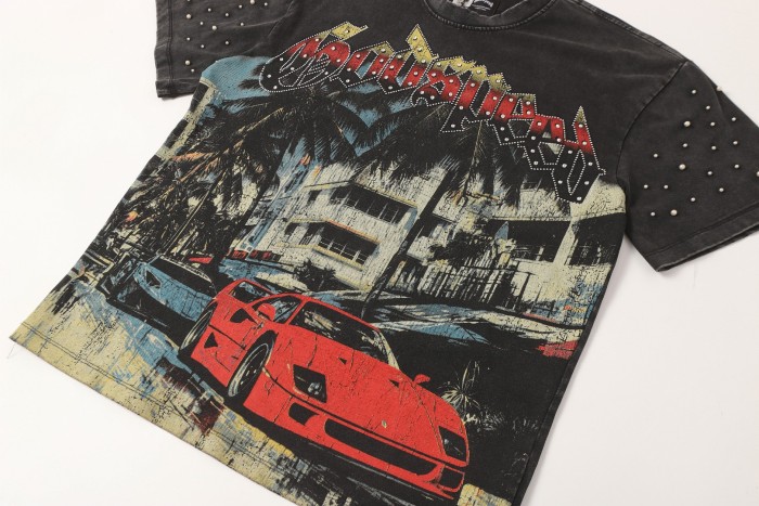 Miami sports car hot-fix rhinestone vintage washed short-sleeved T-shirt 29035040