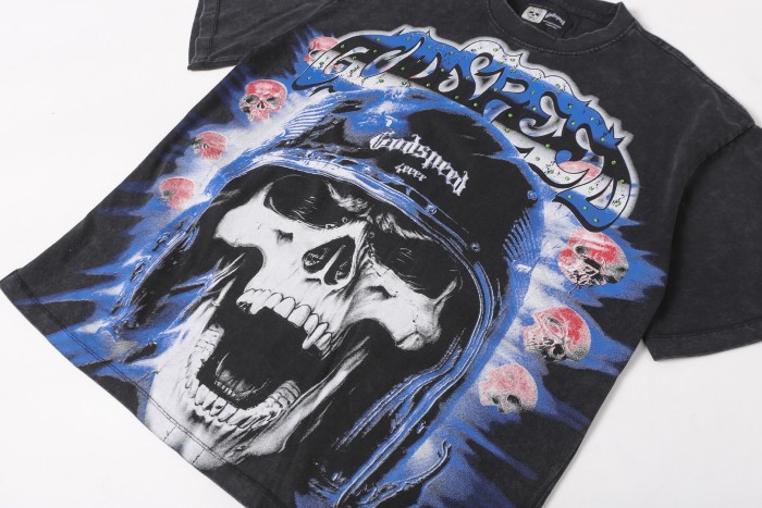 Helmet skull motorcycle cross black and brown dual-color vintage T-shirt 2 colors 29051376