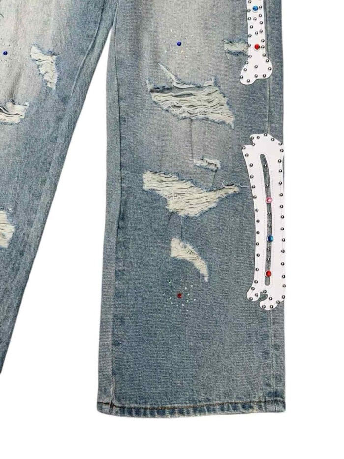 1:1 quality version Side Leather Bone Rivet Color Diamond Wide Leg Jeans 3 colors 29080658