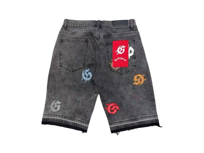 1:1 quality version Leather G Logo Embroidered Frayed Edge Washed Denim Shorts 3 colors 28972576