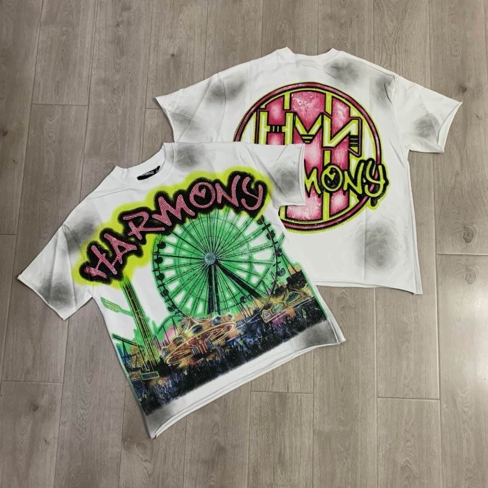 Neon Ferris Wheel Rhinestone Print Washed Tee 29066077