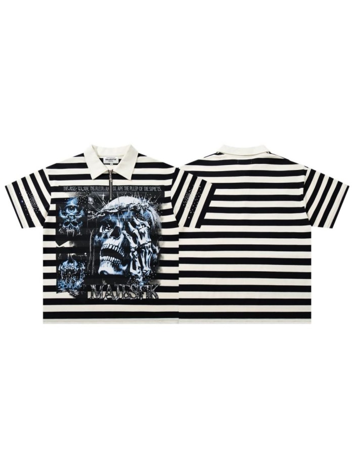 Skull Striped Rhinestone Print Zipper Polo Tee 29065103