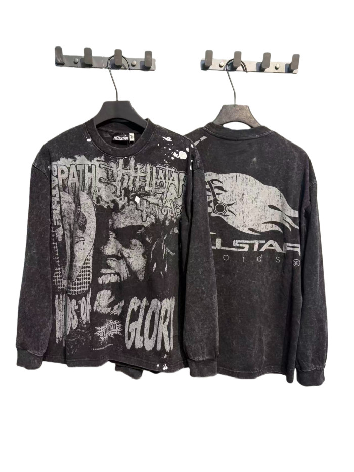 Portrait Logo Ink-Splash Print Washed Version Long Sleeve T-Shirt 28713174