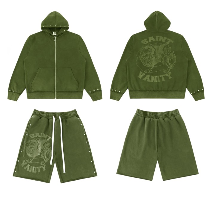 Rivet Decorated Lion Print Washed Hoodie & Shorts Set 4 colors 29077776