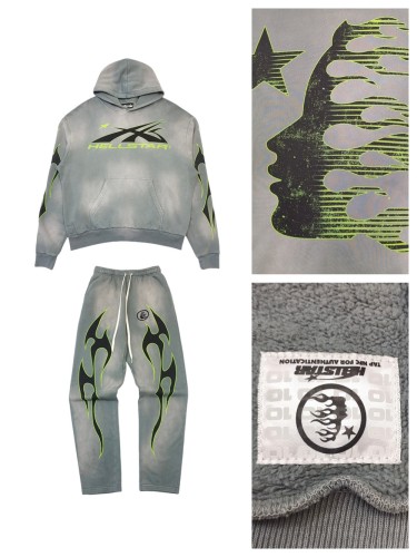[Big & Tall for weights up to 260 lbs]1:1 quality version Green and Black Logo Washed Version Hoodie & Pants Set with NFC tag