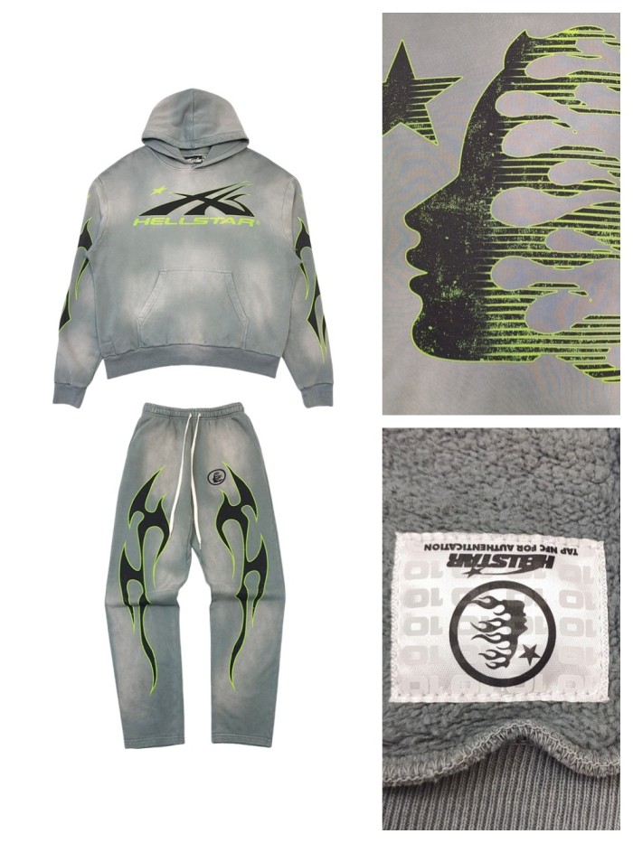 [Big & Tall for weights up to 260 lbs]1:1 quality version Green and Black Logo Washed Version Hoodie & Pants Set with NFC tag
