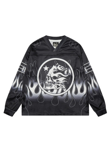Skull Flame Print Mesh Long Sleeve T-Shirt 28493225