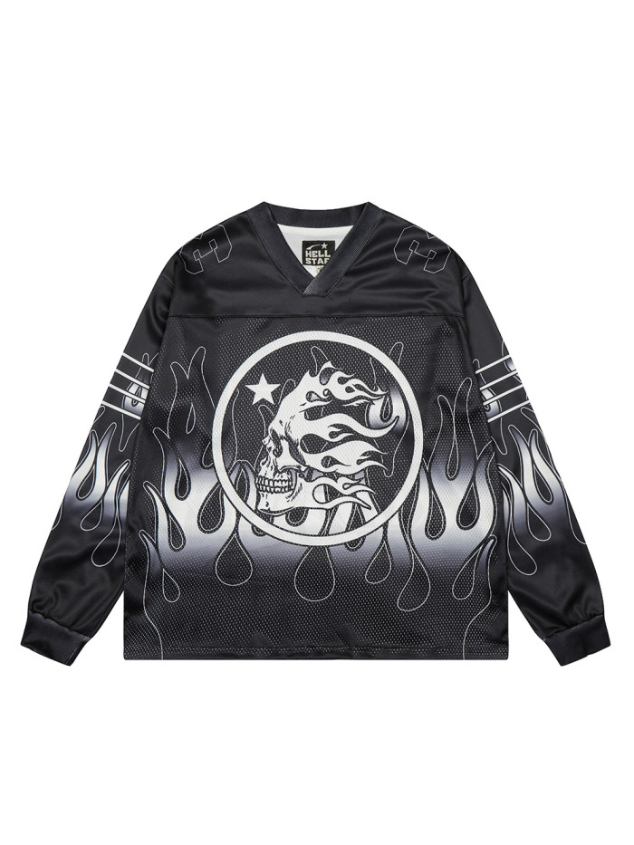 Skull Flame Print Mesh Long Sleeve T-Shirt 28493225