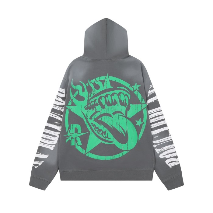 Oversized Washed Gray Streetwear Hoodie with Skull Graphic & Sleeve Print 29069024