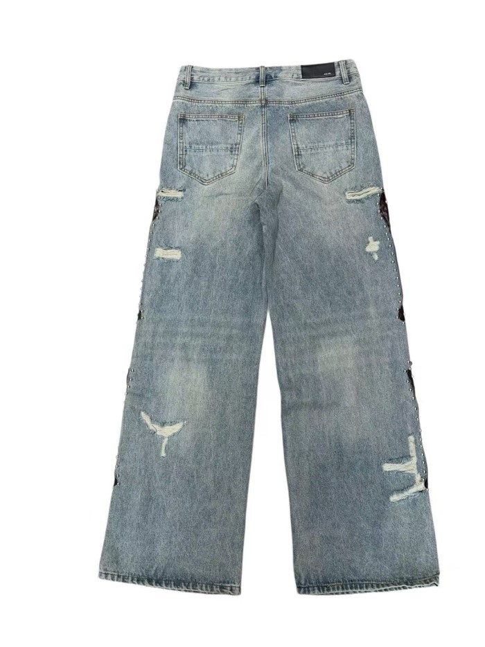1:1 quality version Side Leather Bone Rivet Color Diamond Wide Leg Jeans 3 colors 29080658