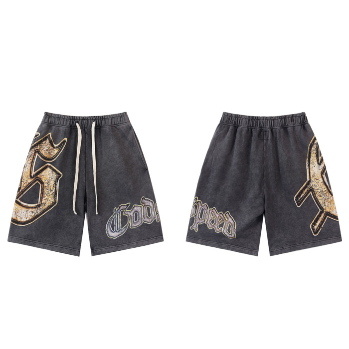 28296387 Black and Gold Logo Print Washed Version Shorts 2 colors