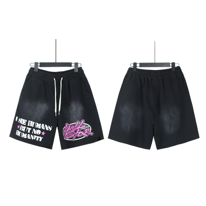 Pink And White Color Block Slogan Print Washed Shorts 29035473