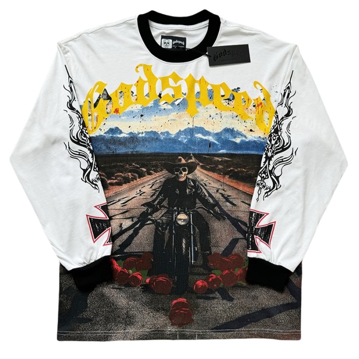 28128576 Rose Skull Moto Print Washed Version Long Sleeve T-Shirt 2 colors