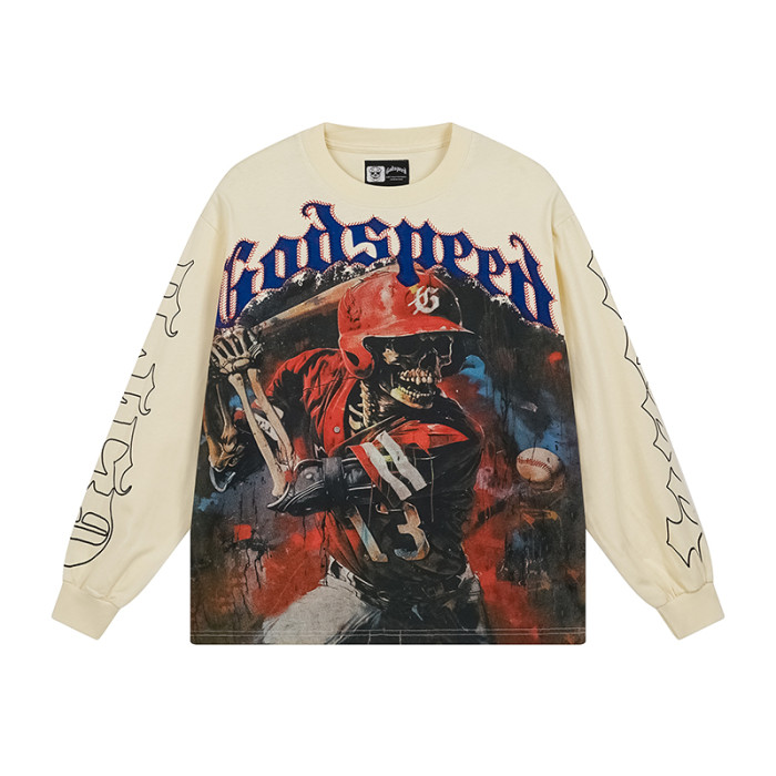28389989 Baseball Player Skull Print Washed Version Long Sleeve T-Shirt 2 colors