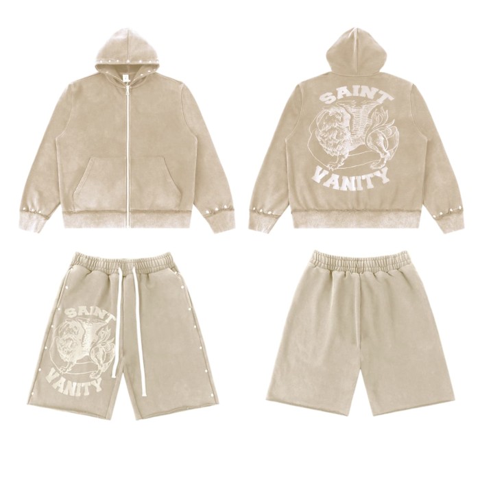 Rivet Decorated Lion Print Washed Hoodie & Shorts Set 4 colors 29077776