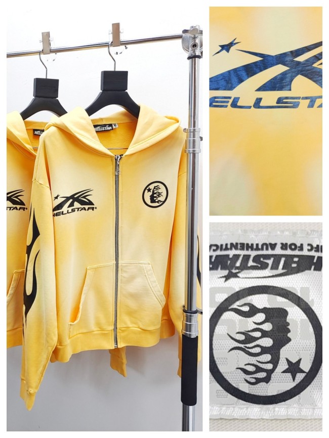 [Big & Tall for weights up to 260 lbs]1:1 quality version Washed Yellow Chest Double Logo Print Zipper  Hoodie with NFC tag