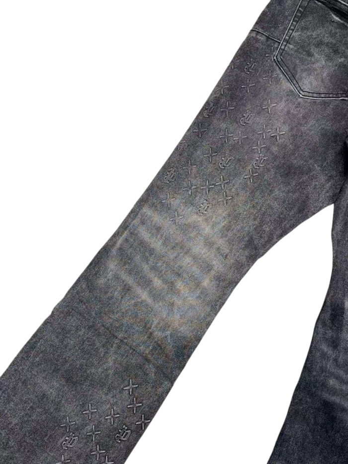 1:1 quality version Ash Gray Cross Pattern Embroidered Slightly Flared Jeans 28972587