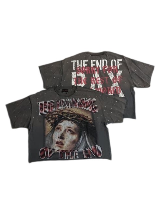 Gray Tone Thorn Virgin Mary Rhinestone Print Washed Tee 29069153