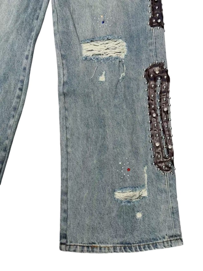 1:1 quality version Washed Light Blue Rhinestone & Studded Leather Patches Baggy Jeans 28996260