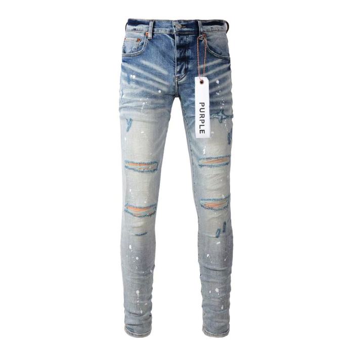 1:1 quality version Light-colored white ground knee holes splash-ink jeans
