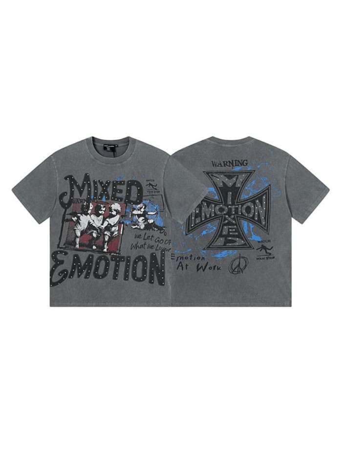 Gray Tone Cross Three Angels Rhinestone Print Washed Tee 29105645