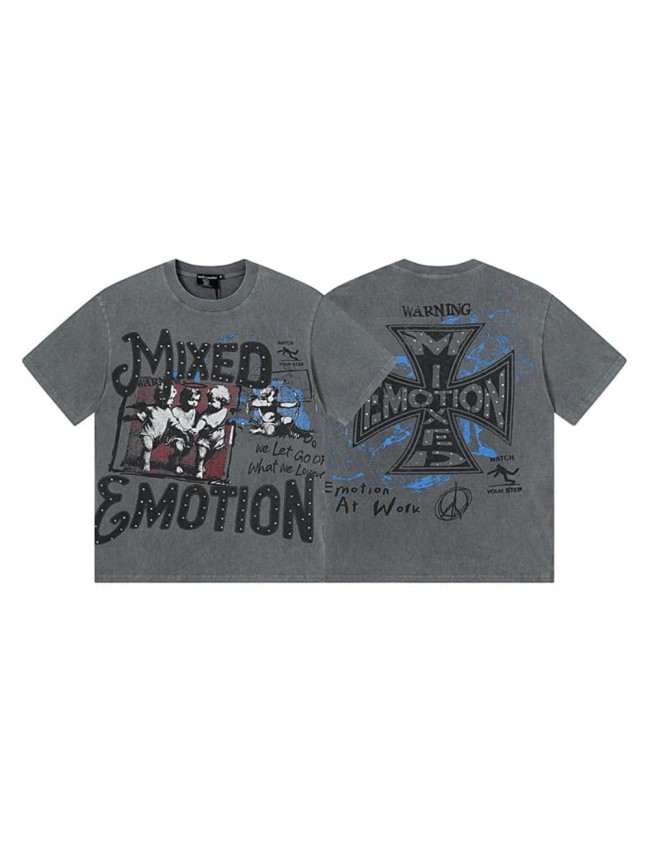 Gray Tone Cross Three Angels Rhinestone Print Washed Tee 29105645