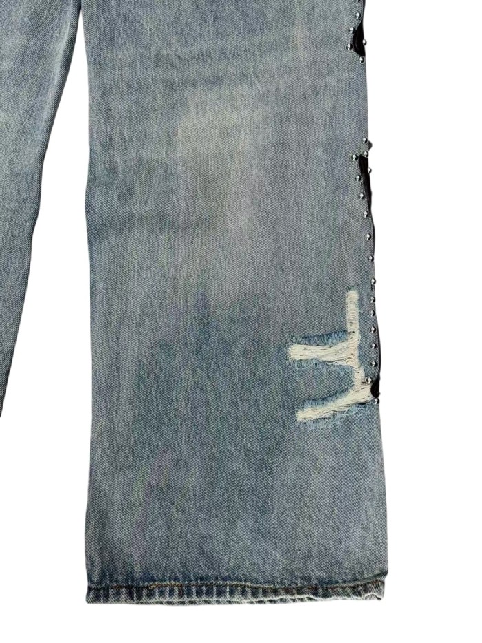 1:1 quality version Washed Light Blue Rhinestone & Studded Leather Patches Baggy Jeans 28996260