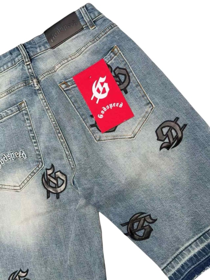 1:1 quality version Leather G Logo Embroidered Frayed Edge Washed Denim Shorts 3 colors 28972576