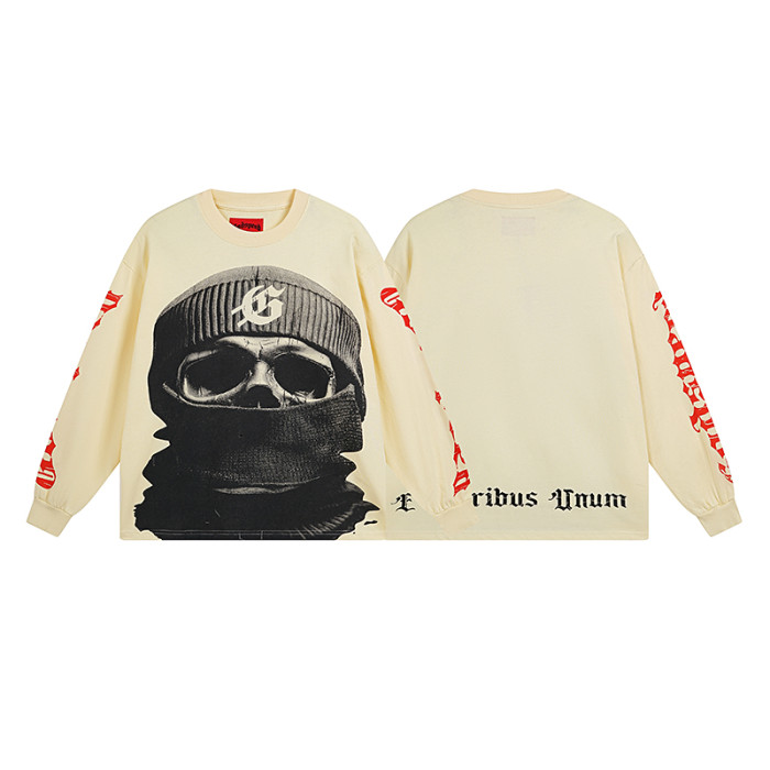 28136495 Masked Skull Print Washed Version Long Sleeve T-Shirt 2 colors