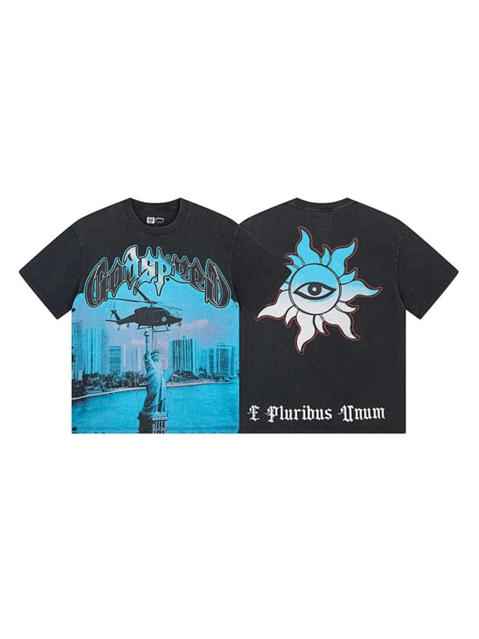 Helicopter Statue of Liberty All-Seeing Eye Black Distressed Short-Sleeve T-Shirt 29045032