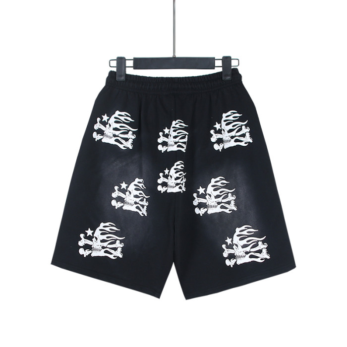 Skull Flame Print Washed Shorts 29043461