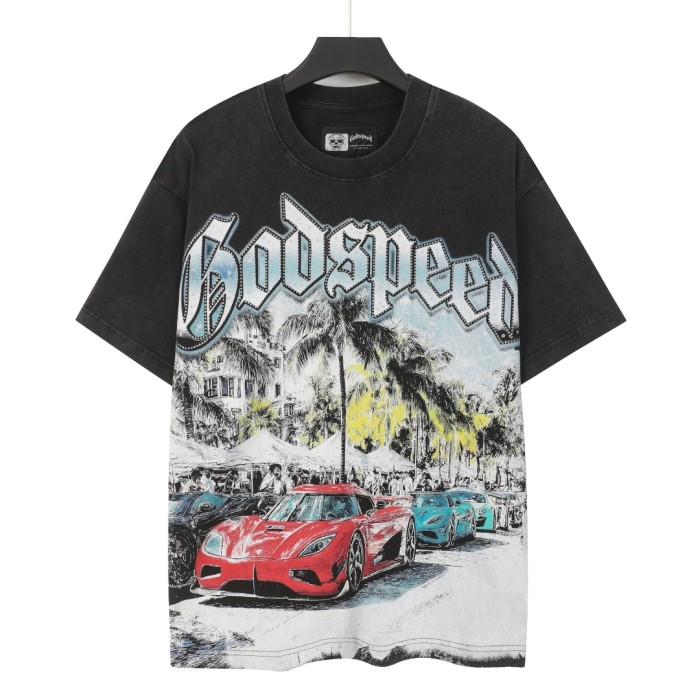 American-style washed vintage sports car party key print loose shirt 29035136