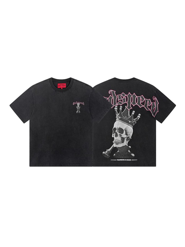 Crown Skull Chess Piece Distressed Washed Double-Sided Printed Short-Sleeve T-Shirt 29044590