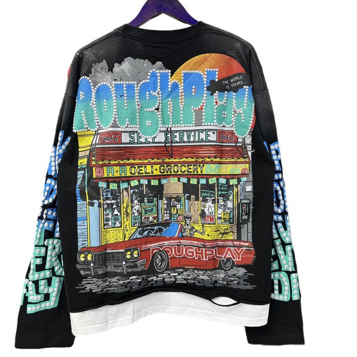 R Ruoeli Grocery Silver Hot Stamping Print Washed Version Long Sleeve T-Shirt 28758379
