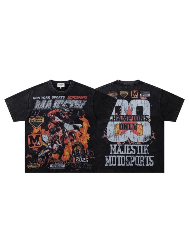 Flame Off-road Motorcycle Rhinestone Print Washed Tee 29065105