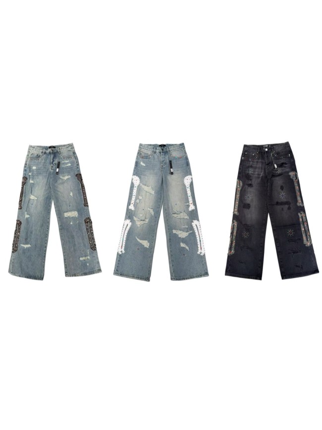 1:1 quality version Side Leather Bone Rivet Color Diamond Wide Leg Jeans 3 colors 29080658