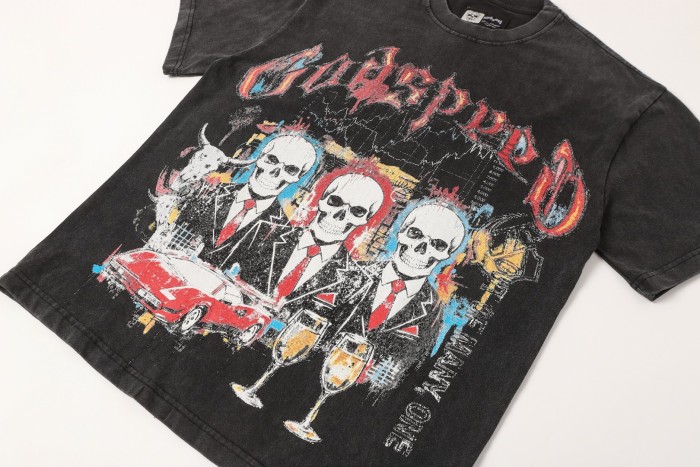 Skeleton suit sports car vintage washed double-sided printed short-sleeved T-shirt 29035119