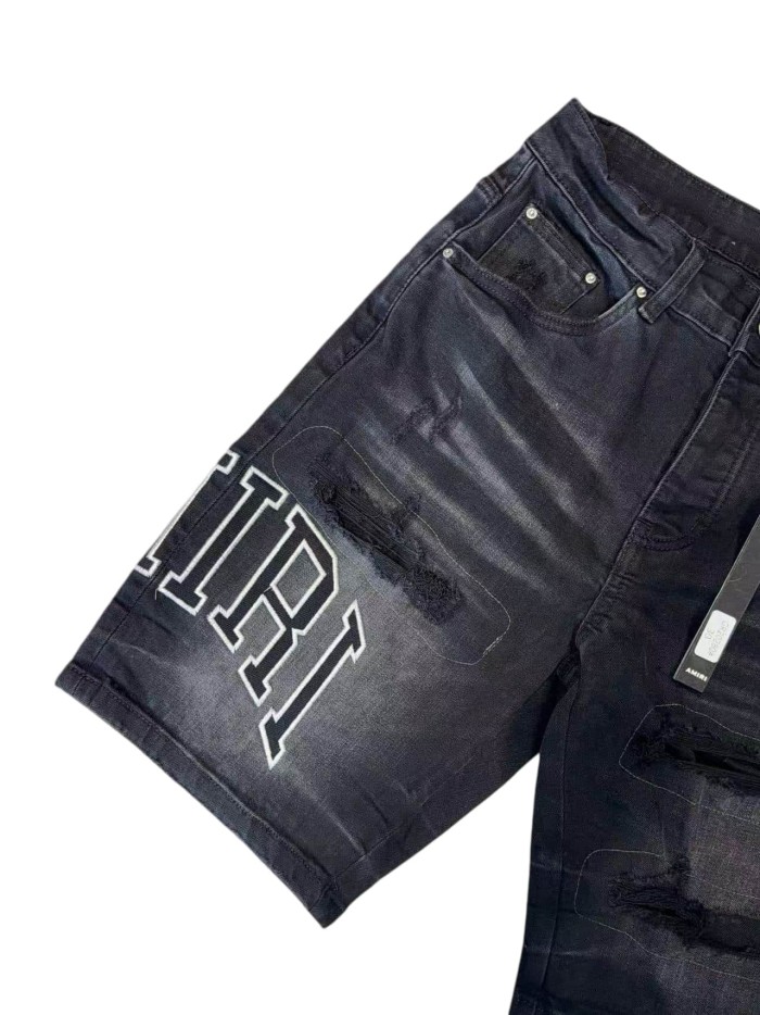 1:1 quality version Curved Embroidered Logo Distressed Denim Shorts 28920241